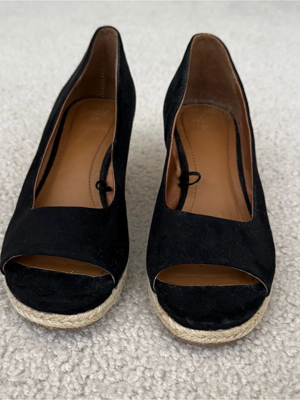 Black Suede Peep-Toe Espadrille Wedge Heels